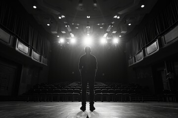 Wall Mural - A lone figure stands on a dark stage, illuminated by spotlights, facing a rows of empty seats, ready for a performance.