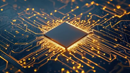 Poster - close-up of a circuit board with glowing chips
