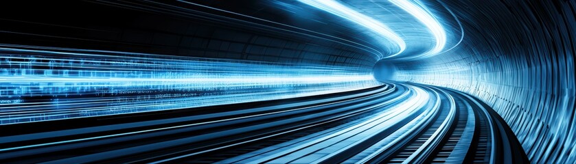 Poster - Futuristic blue light motion in curved tunnel scene