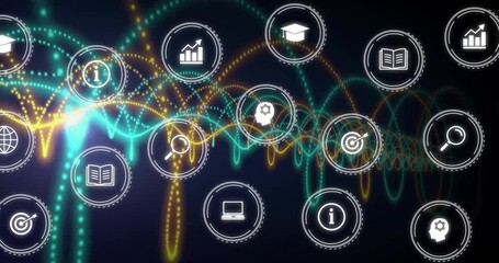 Poster - Animation of icons showing concepts over colorful wave patterns and connections