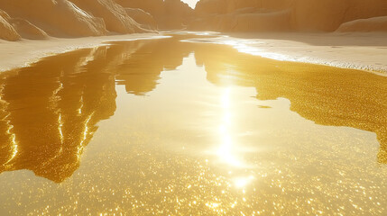 golden water reflects the cliffs under a bright sunlight in a desert scene