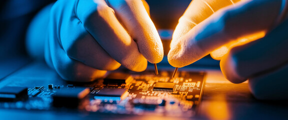 Poster - Close-up of gloved hands delicately placing a component onto a circuit board, illuminated by warm and cool light, showcasing precision and technological detail