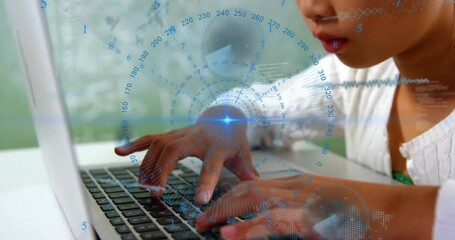 Poster - Child typing on laptop with digital data processing animation overlay