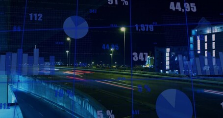 Poster - Animation of highway traffic at night with data visualization overlay of charts