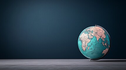 world globe displaying continents and oceans on a textured gray ground, dark background