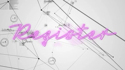 Poster - Neon pink animation of Register text with abstract geometric lines and connections