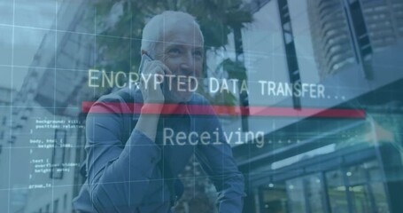 Poster - Older man on phone with encrypted data transfer animation overlay