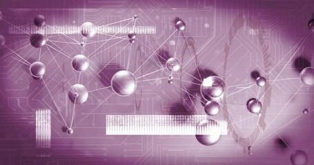 Poster - Animation of interconnected spheres over circuit board in school, purple tones