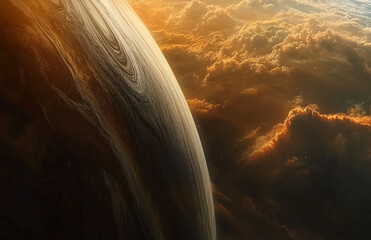 Wall Mural - Spectacular space view shows gas giant planet with swirling clouds and golden light atmosphere effect