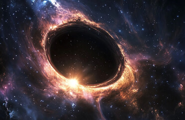 Wall Mural - Mysterious black hole in deep space emits glowing energy amidst cosmic stars and swirling nebulae