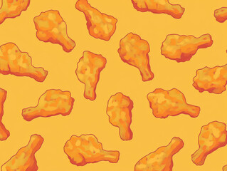 Aufkleber - Crispy fried chicken drumsticks and thighs are arranged in seamless pattern on vibrant yellow background, creating playful and appetizing design