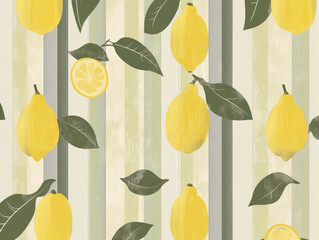 Aufkleber - Lemon pattern with green and white stripes, featuring whole lemons, lemon slices, and green leaves. design is flat and highly detailed, creating fresh and vibrant look