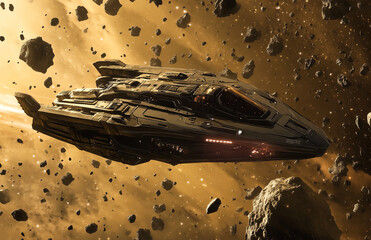 Wall Mural - Futuristic spacecraft navigating through asteroid belt in deep space adventure illustration art
