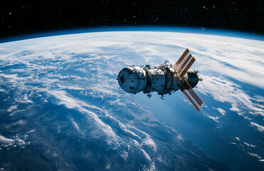 Wall Mural - Satellite orbiting earth capturing breathtaking view of planet with clouds and blue atmosphere