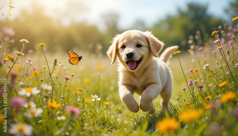Adorable Golden Retriever puppy enjoys a sunny day frolicking in a ...