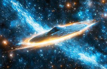 Wall Mural - Futuristic spacecraft flying through vibrant starry galaxy with light trails and cosmic atmosphere