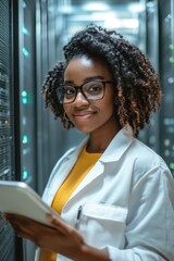 Poster - smiling woman in lab coat using tablet in server room