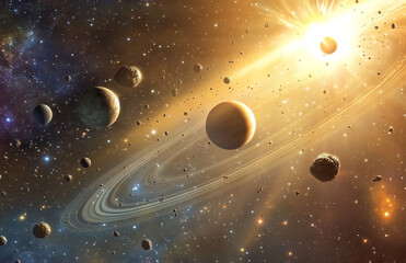Wall Mural - Exploring a distant solar system filled with planets and asteroids illuminated by a nearby star