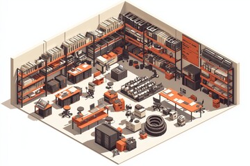 Aufkleber - Isometric view of organized industrial workshop with tools, shelves, equipment and storage, highlighting modern workstations, efficiency and mechanical structure, Generative AI