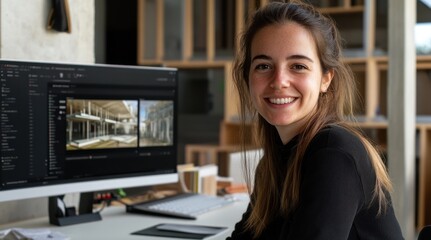 Poster - Young woman smiling at a computer in a modern workspace