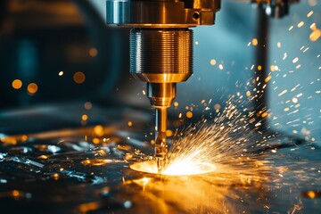 Poster - Close-up of CNC machine cutting metal with flying sparks, capturing industrial precision, modern manufacturing, and automated high-speed engineering process, Generative AI
