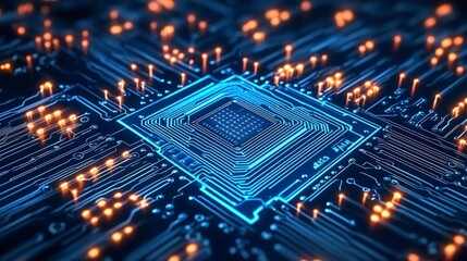 Poster - Futuristic circuit board with glowing pathways and a central processor, symbolizing technology and innovation.