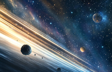 Wall Mural - A cosmic scene with planets asteroids and a bright band of light against a starry background