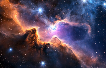 Wall Mural - A vibrant nebula with stars and cosmic dust clouds illuminated in shades of orange purple and blue
