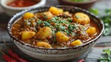 Nepalese aloo tama eggs potato and bamboo shoot curry served in white ceramic bowl