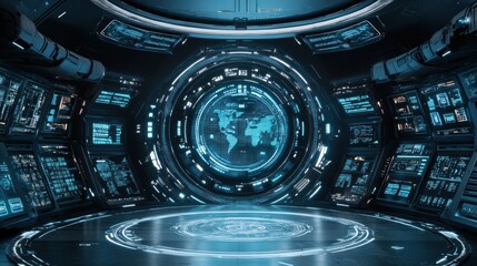 Fototapete - Futuristic Control Room: Global Monitoring Station