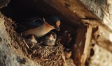 A swallow feeding its chick in a mud nest under the eaves of a house, close-up shot