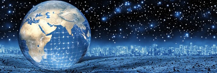 Wall Mural - a globe with a city in the background. the globe is blue and white. the city is lit up