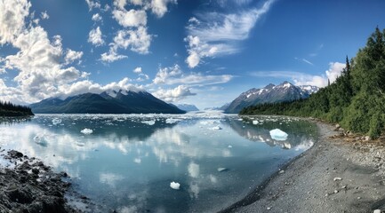Panoramic view of a glacial lake with mountains and clouds