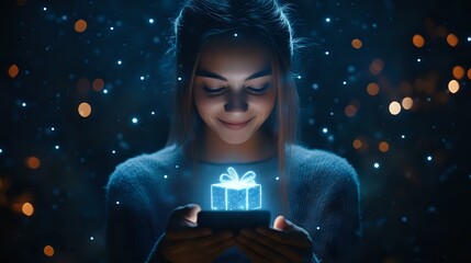 Poster - Young Asian woman holding glowing magical gift box in darkness, surrounded by bokeh lights and sparkles. Mystical holiday atmosphere with ethereal blue illumination.