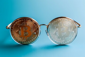 Poster - Round eyeglasses with gold and silver bitcoin coins as lenses on turquoise background, creative cryptocurrency concept for financial vision and investment perspective.