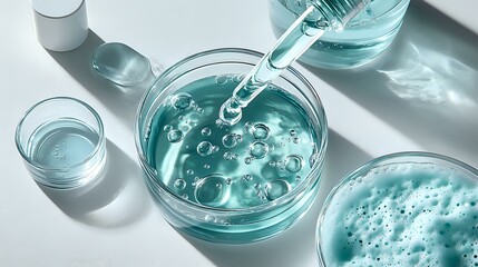 Poster - Turquoise liquid droplets falling into petri dish creating bubbles and ripples against white background, laboratory research concept with dramatic lighting.
