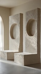 Poster - minimalist workspace featuring a room with a large window framed by abstract geometric shapes and de