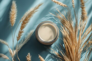 Poster - Creative arrangement of a perfume bottle with lavender flowers and soft shadows in a minimalist setting during daylight