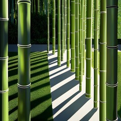 Poster - Serene abstract bamboo grove captured in shadows with sunlight filtering through creating a calming natural atmosphere