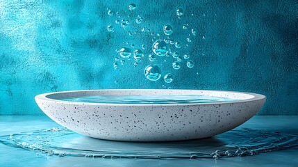 Poster - Clear bowl of water placed on a white stone podium with a minimalist design emphasizing purity and simplicity