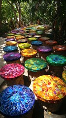 Poster - A colorfully painted table with nature-inspired patterns and harmonious colors creating a vibrant dining experience