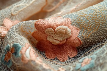 Poster - Delicate green fabric adorned with vibrant floral embroidery showcases intricate craftsmanship and artistry in textile design