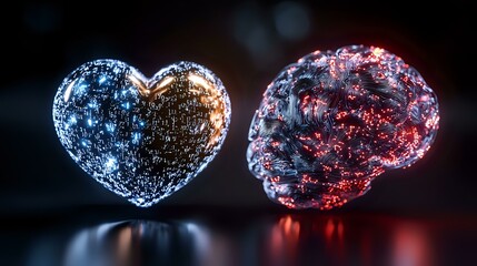 Poster - Glowing heart and brain shapes with luminous particles floating in dark space, symbolizing emotional and rational intelligence connection. Futuristic concept art.