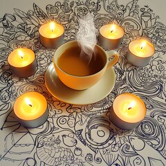 Poster - A steaming cup of tea surrounded by hand-drawn doodles and flickering candles creating a cozy atmosphere