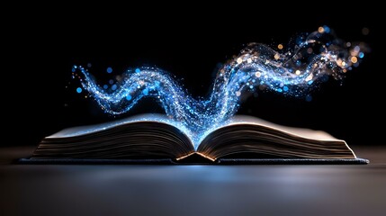 Poster - Magical glowing blue light streams rising from open book pages against dark background, creating mystical ethereal effect for fantasy and education concepts.