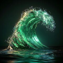 Poster - An artistic wave featuring green and gold paint creating a high-tech digital abstract of fluid motion and beauty