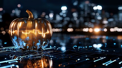 Poster - Glowing golden pumpkin on futuristic digital surface with neon blue light trails and bokeh reflections against dark cityscape background. Halloween meets cyberpunk aesthetic.