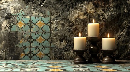 Poster - Serene table decorated with candles and a beautiful moroccan tile pattern creating a calming spa atmosphere