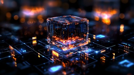 Poster - Futuristic glowing cube with digital circuit patterns floating above cyberpunk cityscape at night, orange and blue neon lights create dramatic technological atmosphere.
