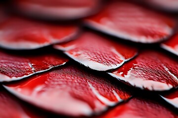 Poster - Red dragon-like scales in macro photography showing textured pattern with water droplets and reflective surface creating dramatic lighting effect. Suitable for fantasy designs.